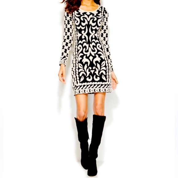 INC wool blend bodycon textured knit midi dress w/metallic thread black/cream L - Picture 1 of 9
